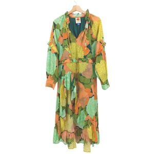 Farm Rio Long-Sleeve Floral‎ Midi Dress Ruffle Trim Size Medium